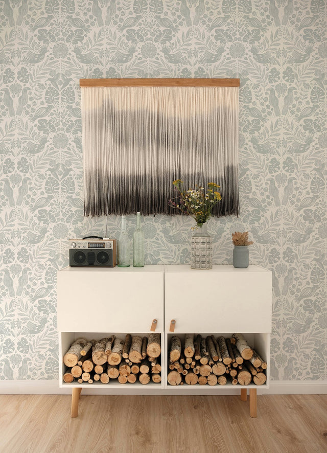 Nestle Light Grey Bird Block Print Wallpaper with Tropical Animal Damask - A-Street Prints 4122-27001