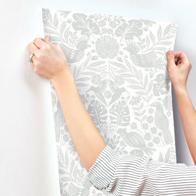 Nestle Light Grey Bird Block Print Wallpaper with Tropical Animal Damask - A-Street Prints 4122-27001