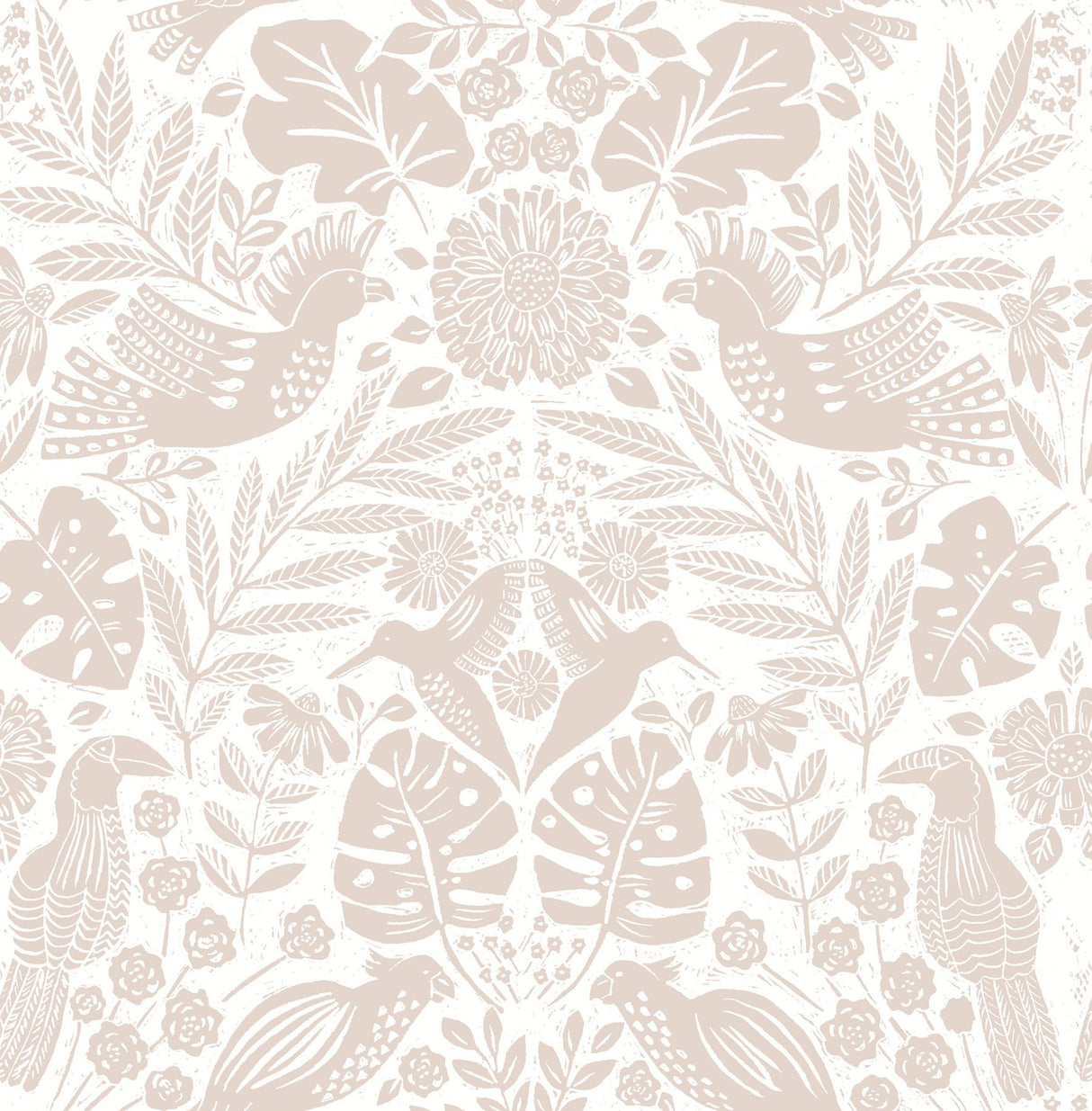 Nestle Pink Bird Block Print Wallpaper with Tropical Animals Motif - A-Street Prints 4122-27002