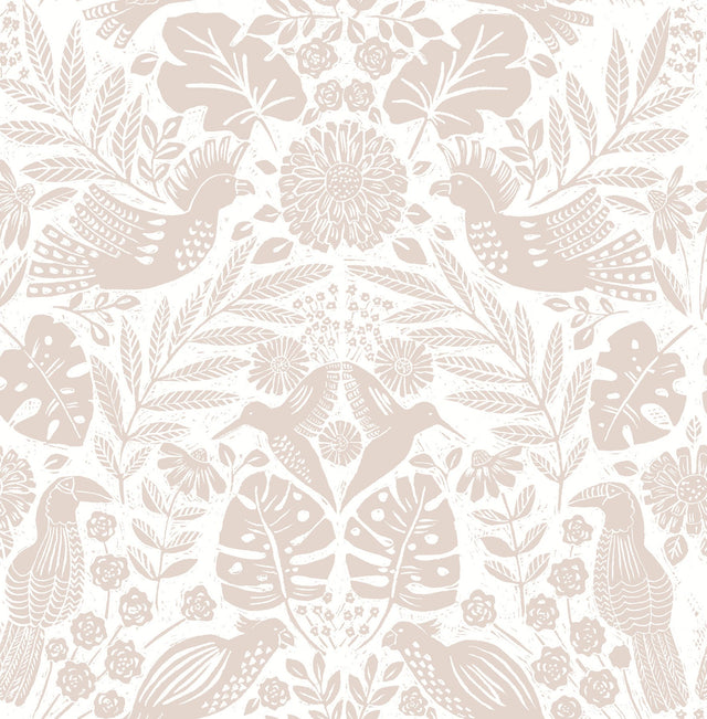 Nestle Pink Bird Block Print Wallpaper with Tropical Animals Motif - A-Street Prints 4122-27002