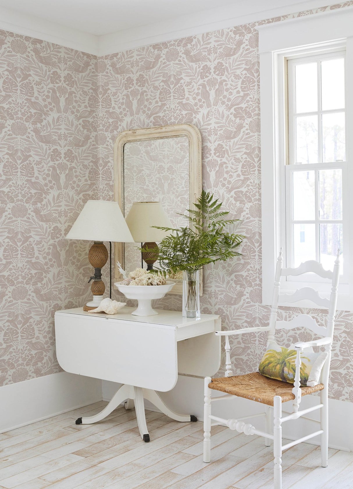 Nestle Pink Bird Block Print Wallpaper with Tropical Animals Motif - A-Street Prints 4122-27002