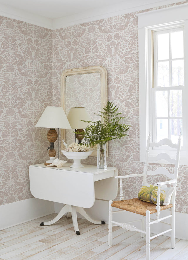Nestle Pink Bird Block Print Wallpaper with Tropical Animals Motif - A-Street Prints 4122-27002