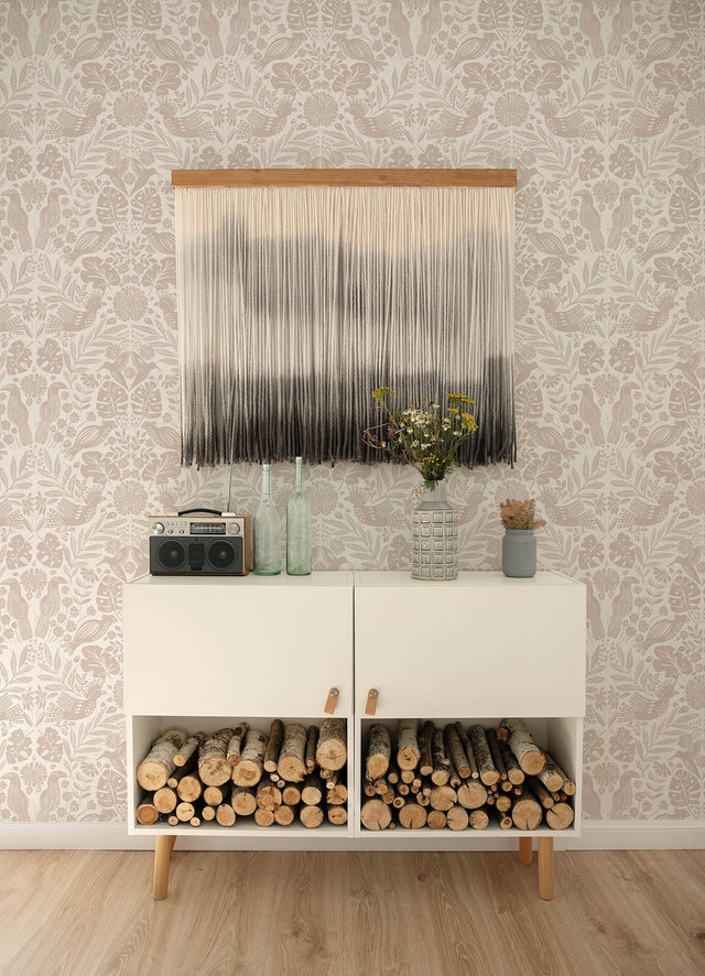 Nestle Pink Bird Block Print Wallpaper with Tropical Animals Motif - A-Street Prints 4122-27002