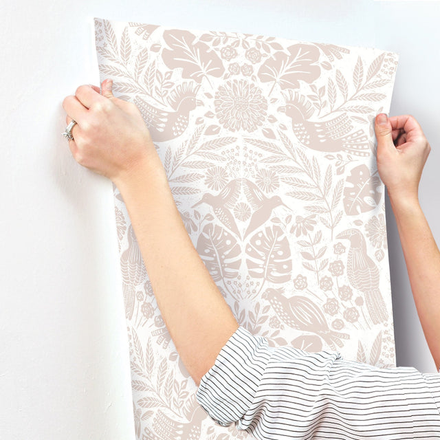 Nestle Pink Bird Block Print Wallpaper with Tropical Animals Motif - A-Street Prints 4122-27002