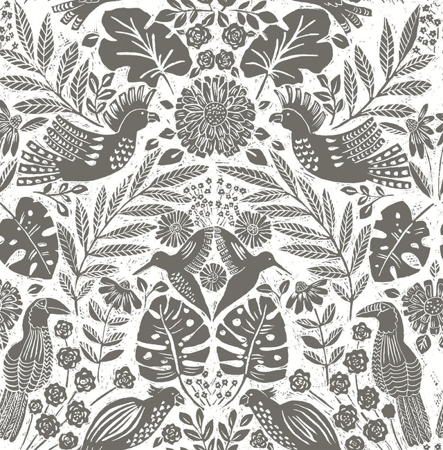 Nestle Charcoal Bird Block Print Wallpaper with Tropical Animal Motif - A-Street Prints 4122-27004