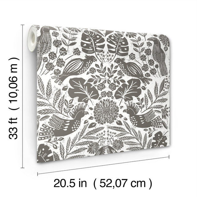 Nestle Charcoal Bird Block Print Wallpaper with Tropical Animal Motif - A-Street Prints 4122-27004