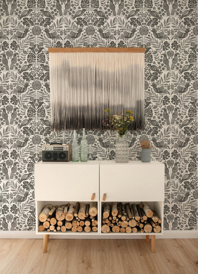 Nestle Charcoal Bird Block Print Wallpaper with Tropical Animal Motif - A-Street Prints 4122-27004