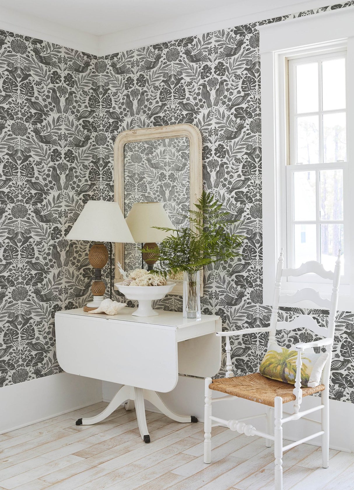 Nestle Charcoal Bird Block Print Wallpaper with Tropical Animal Motif - A-Street Prints 4122-27004
