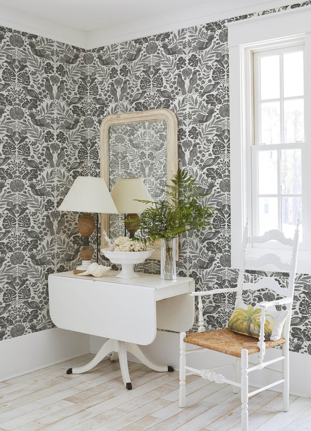 Nestle Charcoal Bird Block Print Wallpaper with Tropical Animal Motif - A-Street Prints 4122-27004