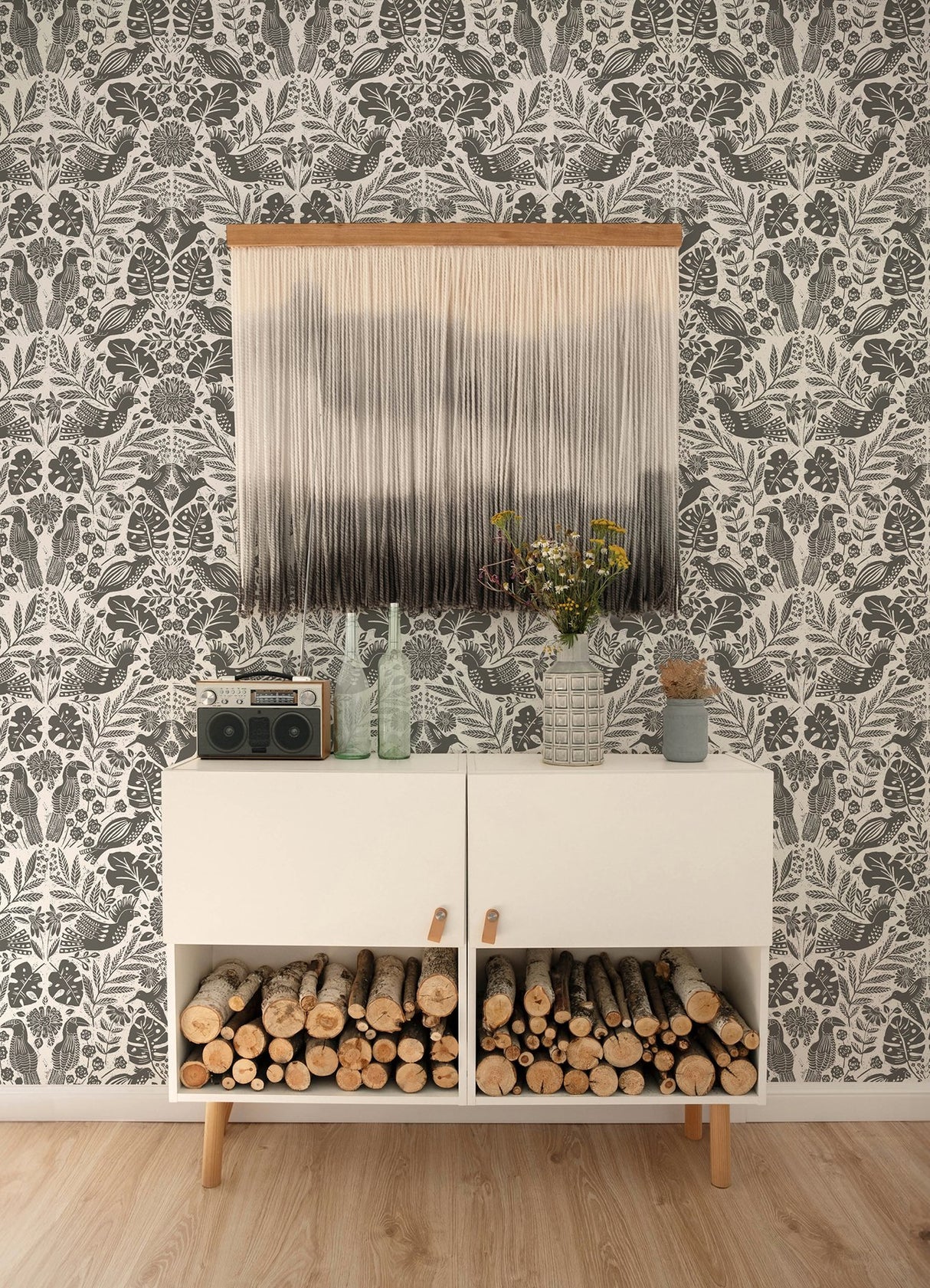 Nestle Charcoal Bird Block Print Wallpaper with Tropical Animal Motif - A-Street Prints 4122-27004
