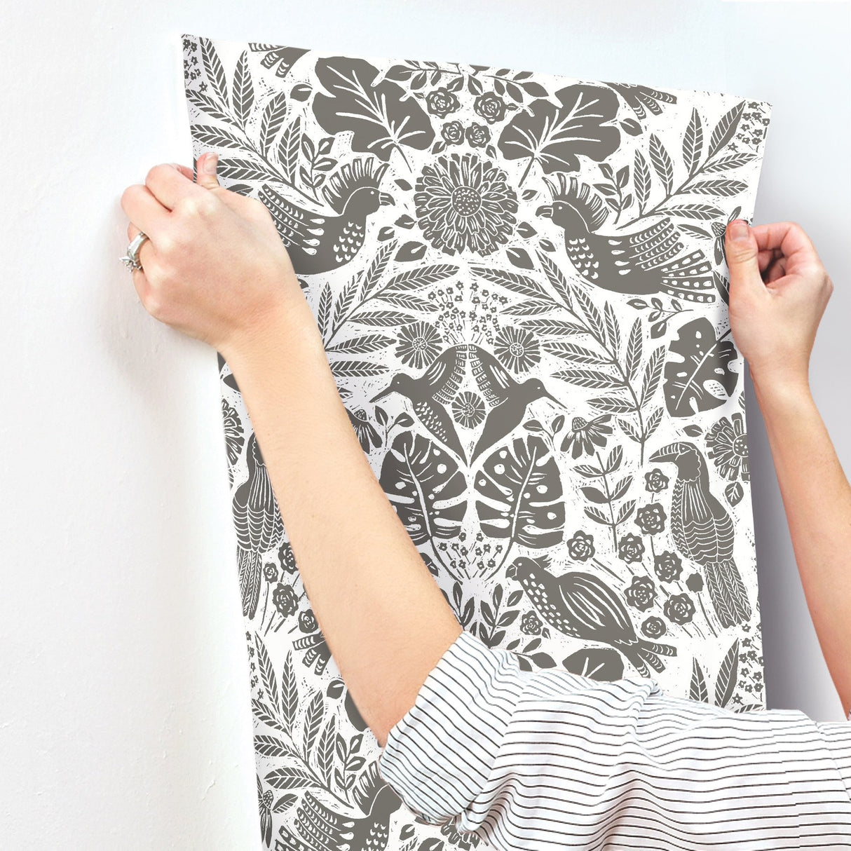 Nestle Charcoal Bird Block Print Wallpaper with Tropical Animal Motif - A-Street Prints 4122-27004