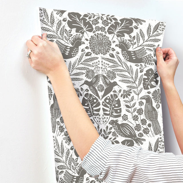 Nestle Charcoal Bird Block Print Wallpaper with Tropical Animal Motif - A-Street Prints 4122-27004