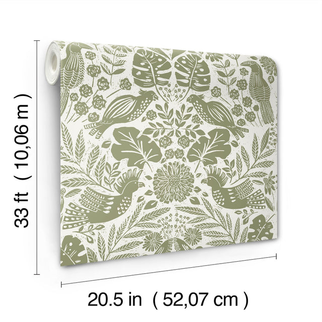 Nestle Green Bird Block Print Wallpaper with Tropical Animal Damask Motif - A-Street Prints 4122-27005