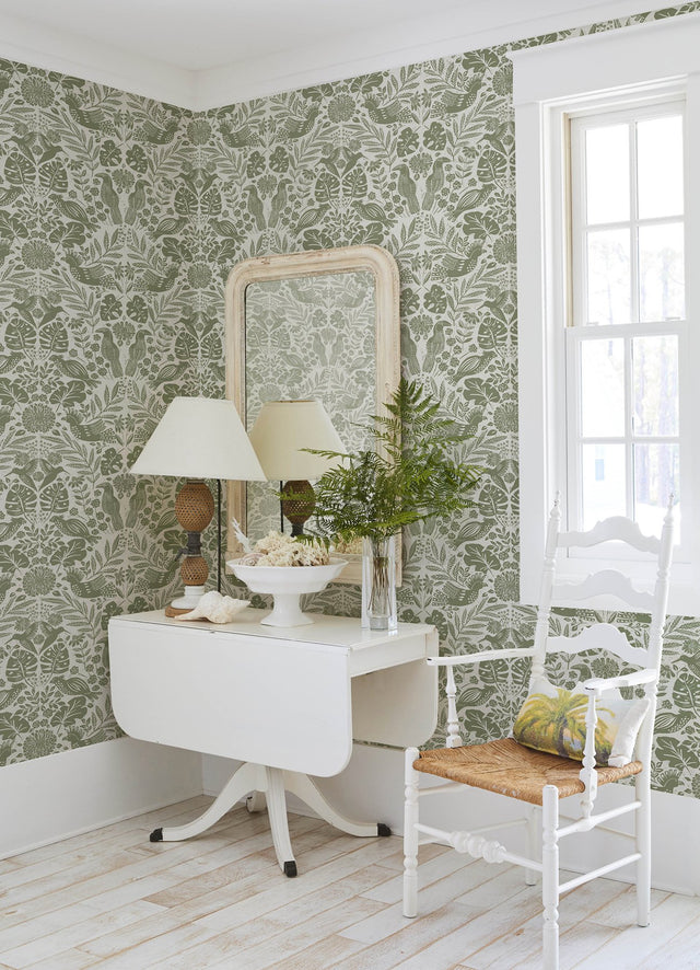 Nestle Green Bird Block Print Wallpaper with Tropical Animal Damask Motif - A-Street Prints 4122-27005