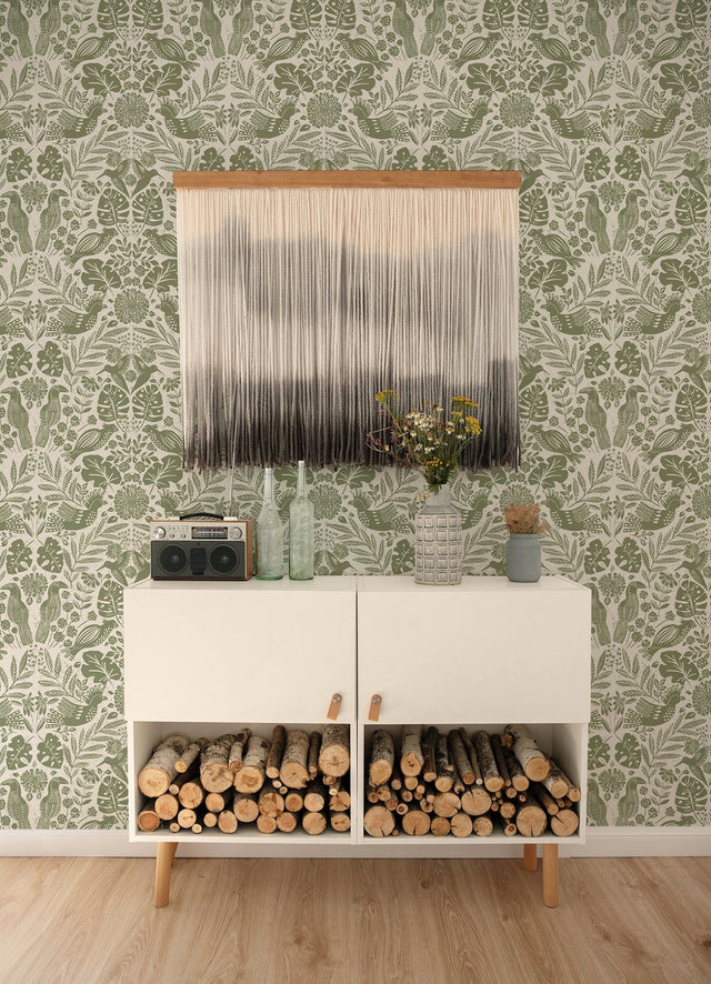 Nestle Green Bird Block Print Wallpaper with Tropical Animal Damask Motif - A-Street Prints 4122-27005