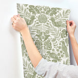 Nestle Green Bird Block Print Wallpaper with Tropical Animal Damask Motif - A-Street Prints 4122-27005