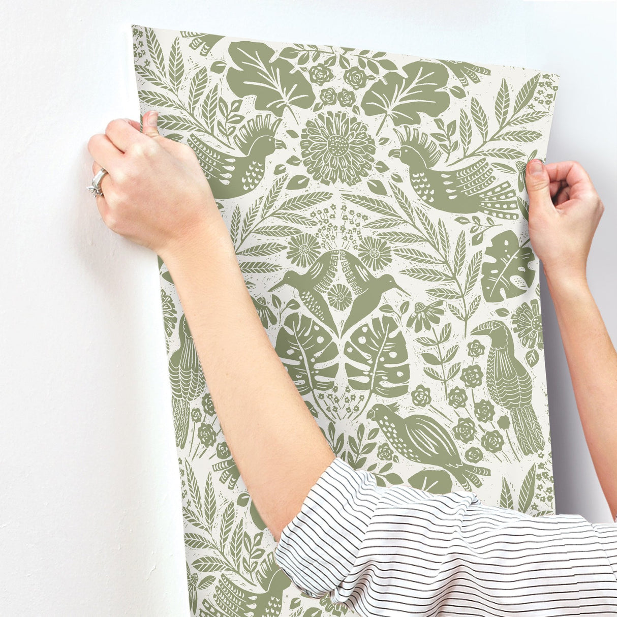 Nestle Green Bird Block Print Wallpaper with Tropical Animal Damask Motif - A-Street Prints 4122-27005