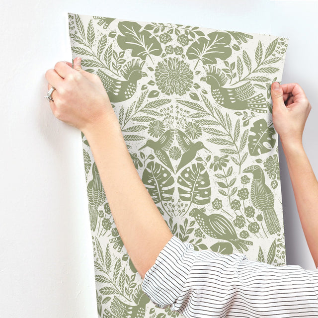 Nestle Green Bird Block Print Wallpaper with Tropical Animal Damask Motif - A-Street Prints 4122-27005