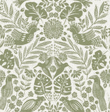 Nestle Green Bird Block Print Wallpaper with Tropical Animal Damask Motif - A-Street Prints 4122-27005