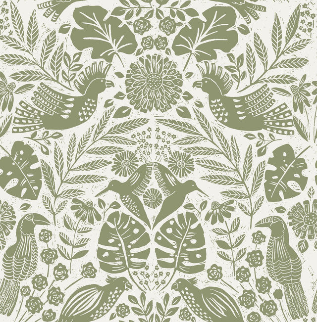 Nestle Green Bird Block Print Wallpaper with Tropical Animal Damask Motif - A-Street Prints 4122-27005