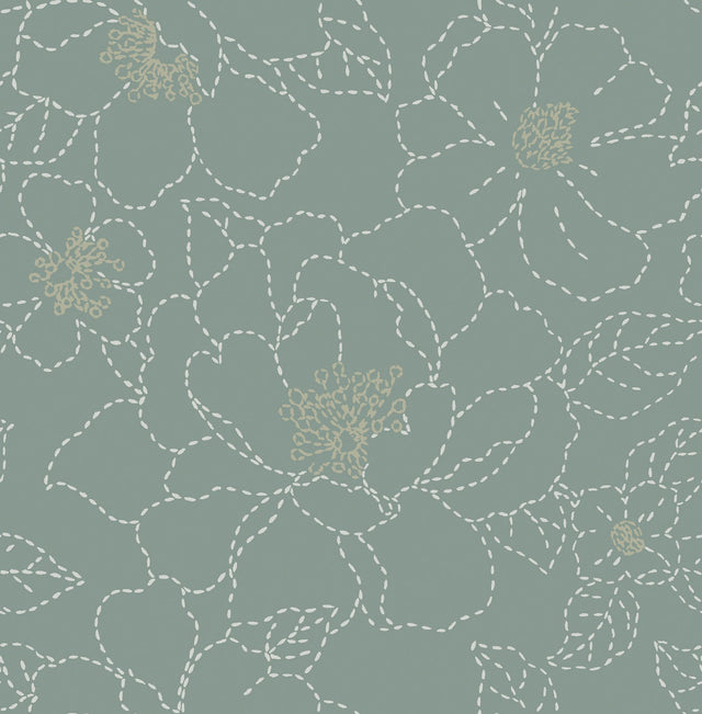 Gardena Sea Green Embroidered Floral Wallpaper with Metallic Accents - A-Street Prints 4122-27006