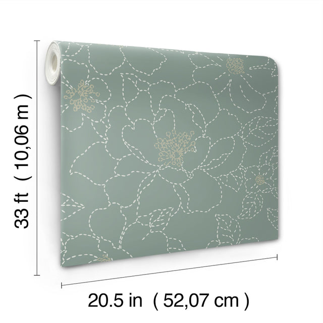 Gardena Sea Green Embroidered Floral Wallpaper with Metallic Accents - A-Street Prints 4122-27006