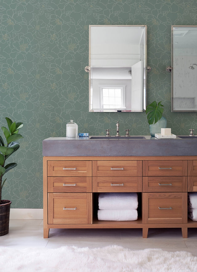 Gardena Sea Green Embroidered Floral Wallpaper with Metallic Accents - A-Street Prints 4122-27006
