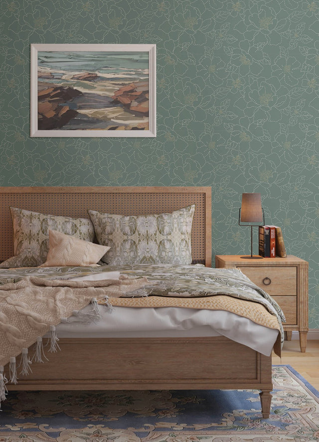 Gardena Sea Green Embroidered Floral Wallpaper with Metallic Accents - A-Street Prints 4122-27006