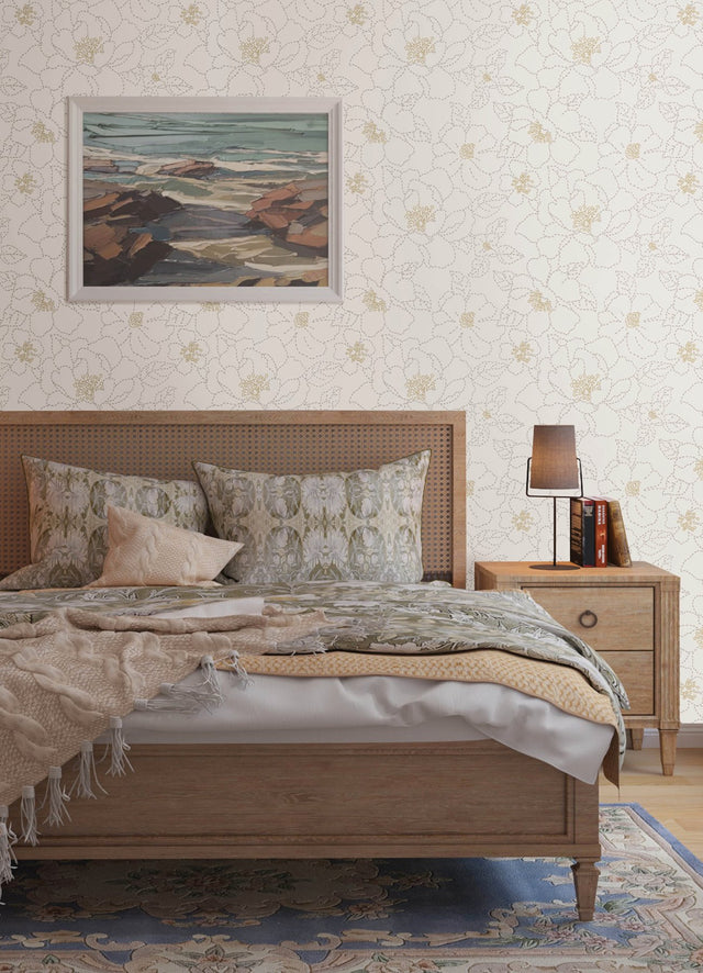 Gardena White Embroidered Floral Wallpaper with Metallic Accents - A?Street Prints 4122-27007