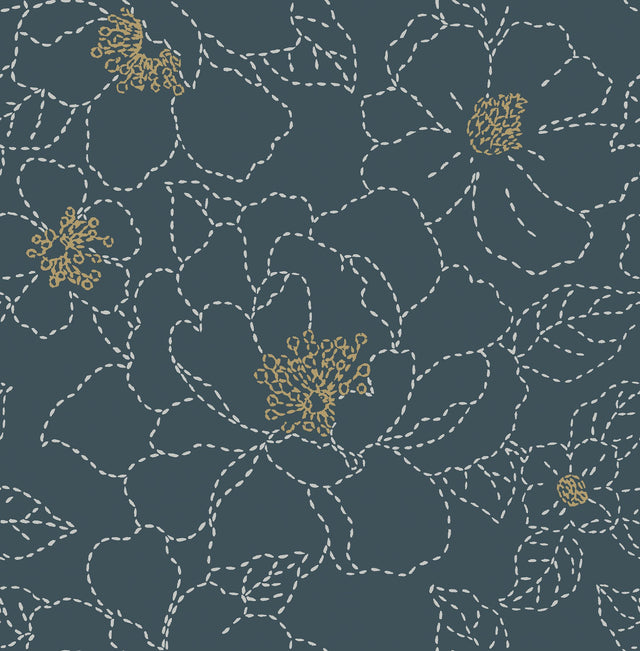Gardena Indigo Embroidered Floral Wallpaper with Whimsical Botanical Flowers - A-Street Prints 4122-27009