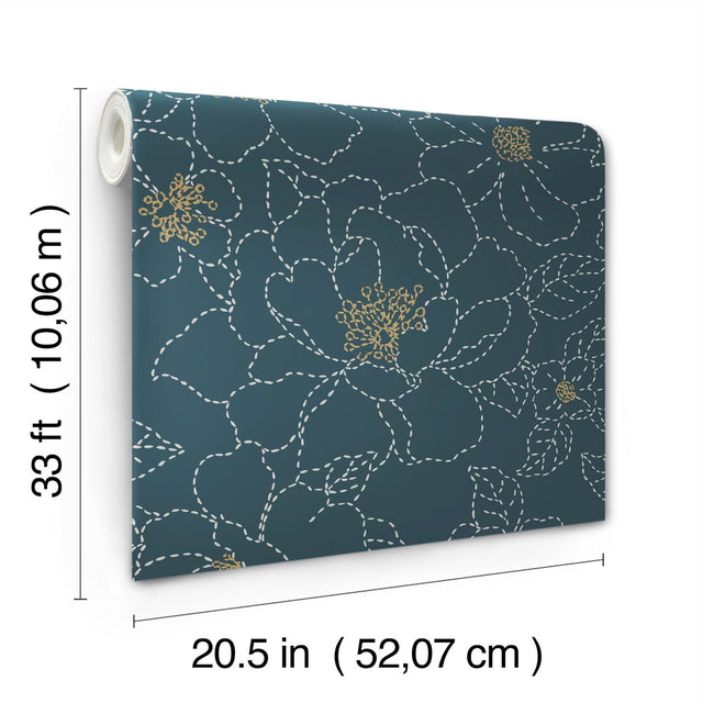 Gardena Indigo Embroidered Floral Wallpaper with Whimsical Botanical Flowers - A-Street Prints 4122-27009