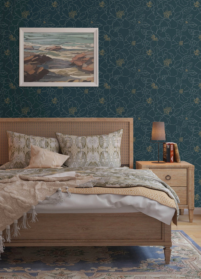 Gardena Indigo Embroidered Floral Wallpaper with Whimsical Botanical Flowers - A-Street Prints 4122-27009