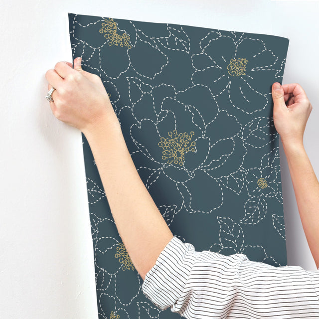 Gardena Indigo Embroidered Floral Wallpaper with Whimsical Botanical Flowers - A-Street Prints 4122-27009