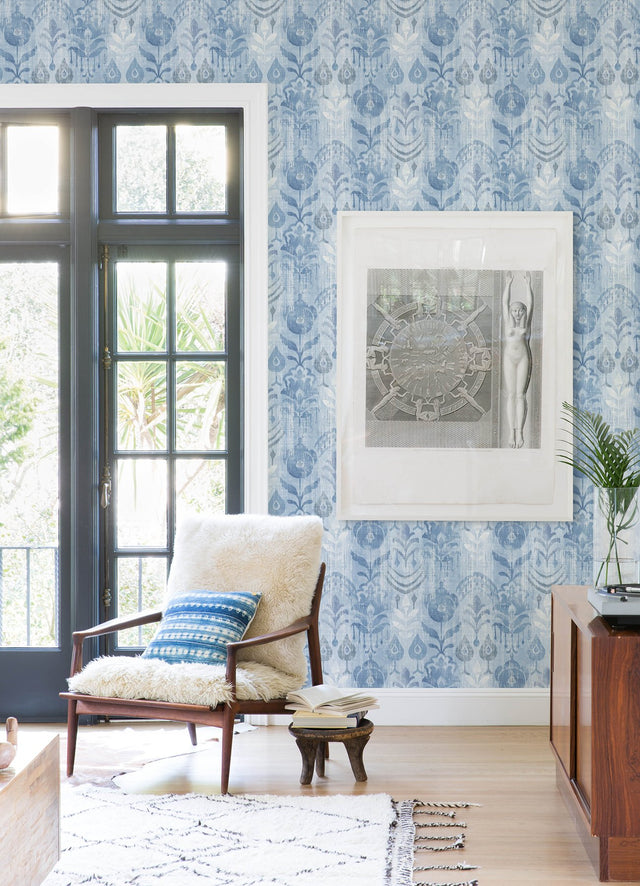 Pavord Blue Floral Shibori Wallpaper with Bohemian Global Motif - A-Street Prints 4122-27013
