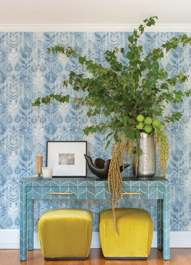 Pavord Blue Floral Shibori Wallpaper with Bohemian Global Motif - A-Street Prints 4122-27013
