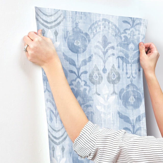 Pavord Blue Floral Shibori Wallpaper with Bohemian Global Motif - A-Street Prints 4122-27013