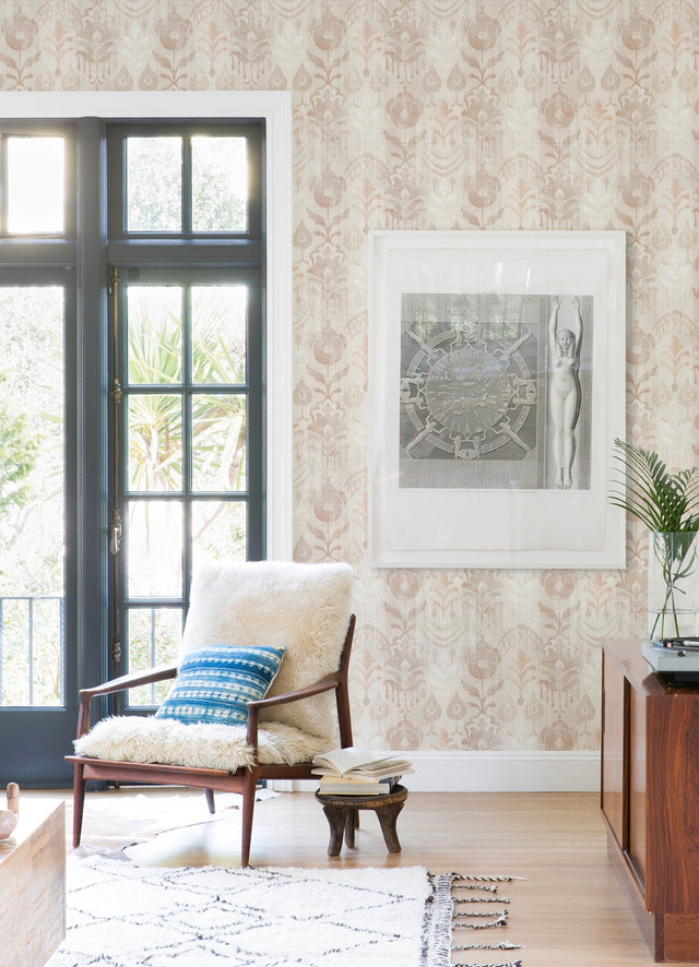 Pavord Pink Floral Shibori Wallpaper with Bohemian Global Motif - Brewster 4122-27014