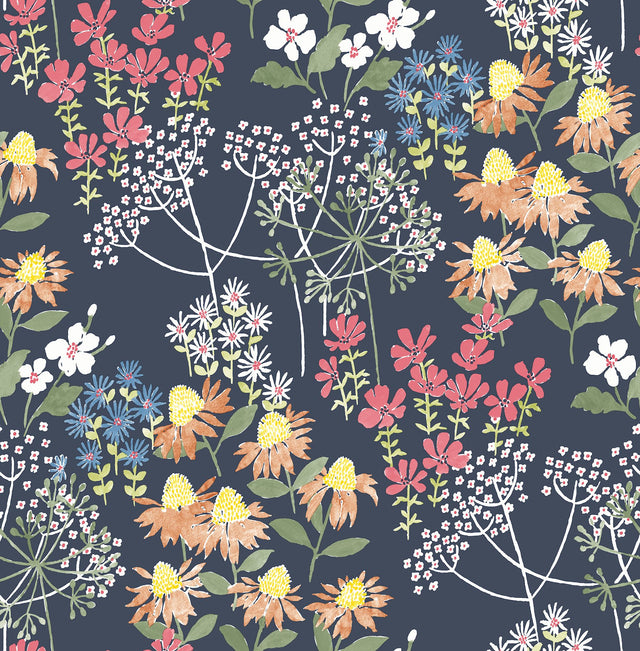 Cultivate Navy Springtime Blooms Wallpaper with Botanical Floral Pattern, Bohemian Style - A-Street Prints 4122-27016