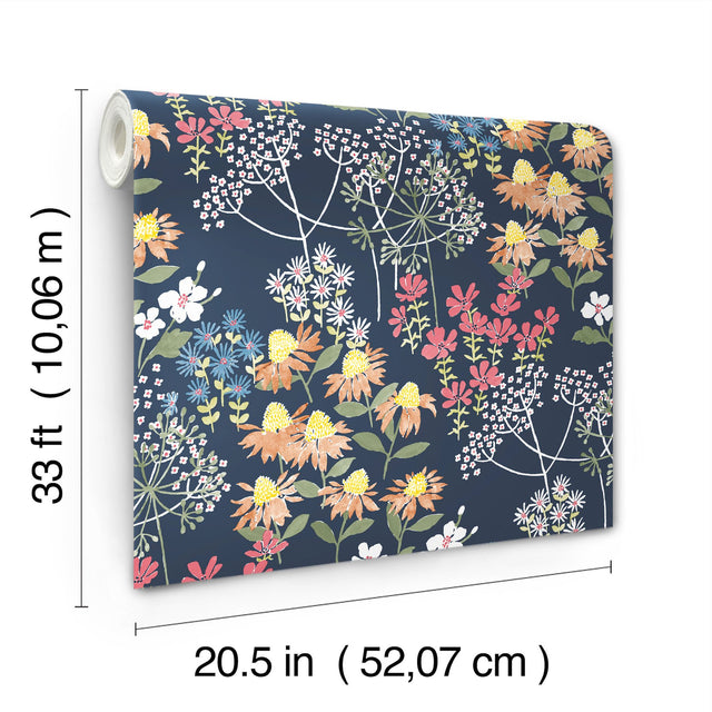 Cultivate Navy Springtime Blooms Wallpaper with Botanical Floral Pattern, Bohemian Style - A-Street Prints 4122-27016
