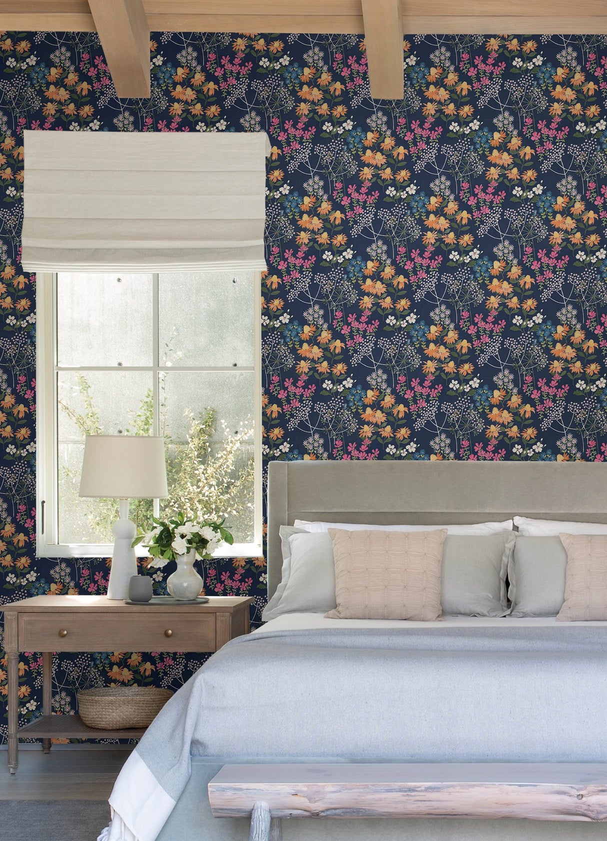 Cultivate Navy Springtime Blooms Wallpaper with Botanical Floral Pattern, Bohemian Style - A-Street Prints 4122-27016