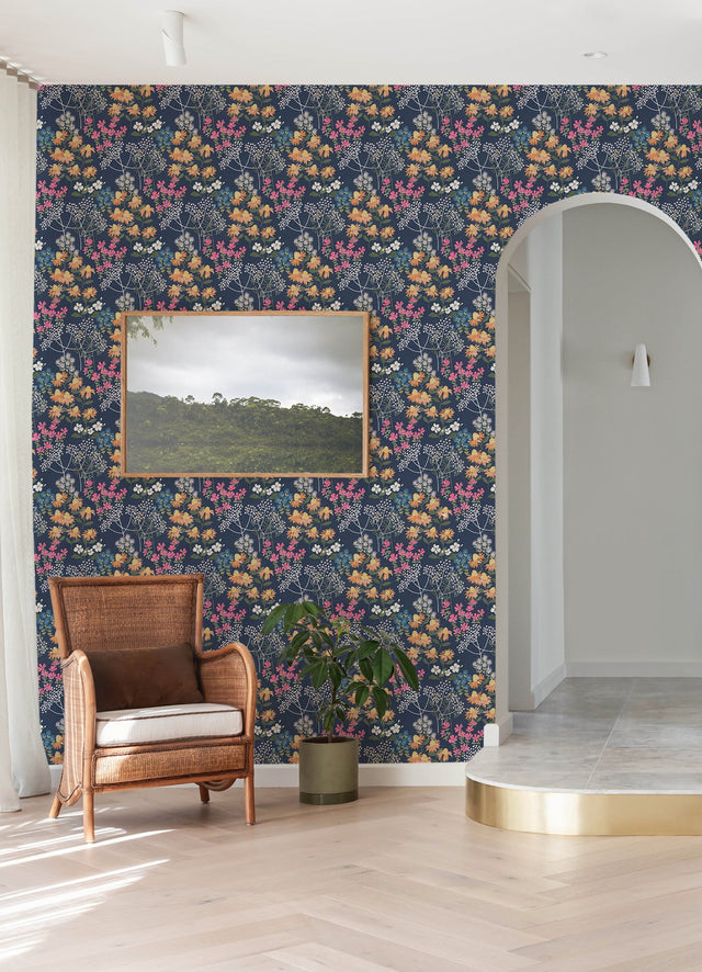 Cultivate Navy Springtime Blooms Wallpaper with Botanical Floral Pattern, Bohemian Style - A-Street Prints 4122-27016