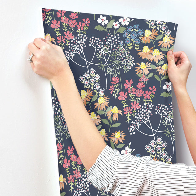 Cultivate Navy Springtime Blooms Wallpaper with Botanical Floral Pattern, Bohemian Style - A-Street Prints 4122-27016