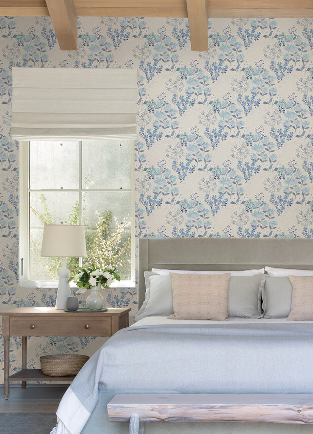 Cultivate Blue Springtime Blooms Wallpaper with Bohemian Botanical Floral Pattern - A-Street Prints 4122-27017