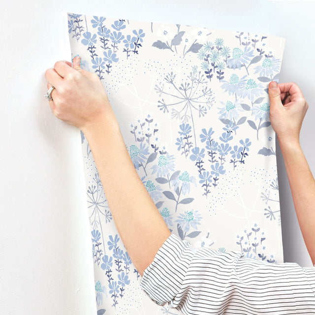 Cultivate Blue Springtime Blooms Wallpaper with Bohemian Botanical Floral Pattern - A-Street Prints 4122-27017