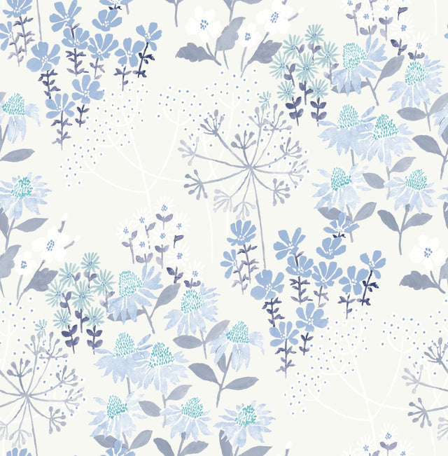 Cultivate Blue Springtime Blooms Wallpaper with Bohemian Botanical Floral Pattern - A-Street Prints 4122-27017