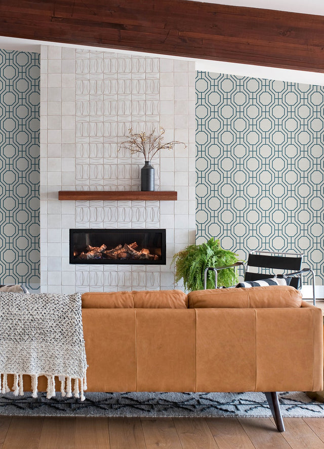 Manor Blue Geometric Trellis Wallpaper with Modern Octagonal Grid - A-Street Prints 4122-27048