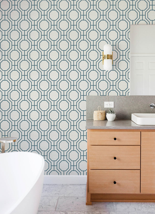 Manor Blue Geometric Trellis Wallpaper with Modern Octagonal Grid - A-Street Prints 4122-27048