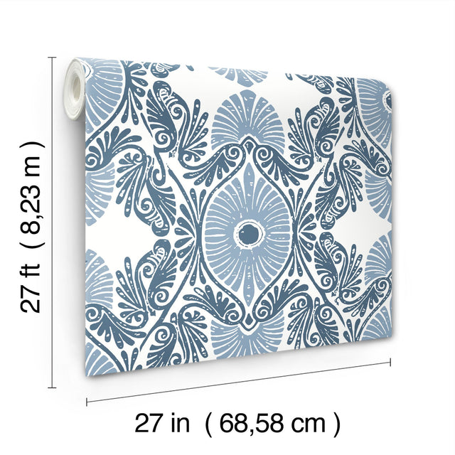 Villa Blue Embellished Ogee Wallpaper with Bohemian Ogee Pattern - A-Street Prints 4122-72401