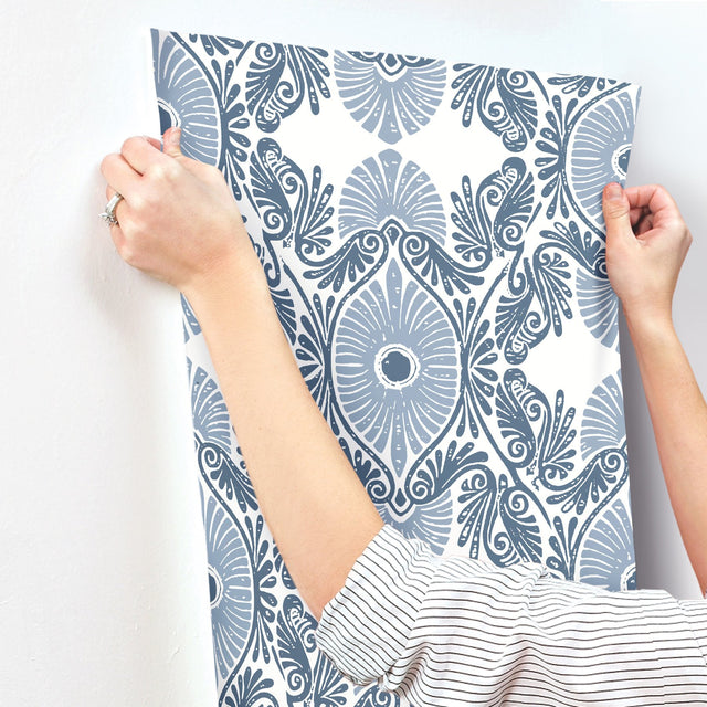 Villa Blue Embellished Ogee Wallpaper with Bohemian Ogee Pattern - A-Street Prints 4122-72401