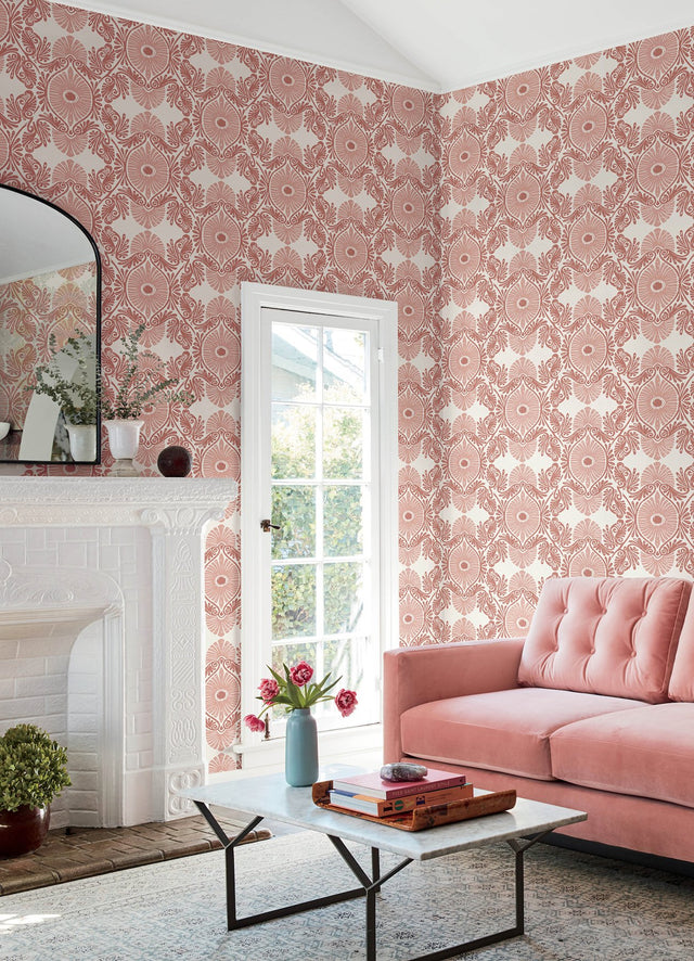 Villa Raspberry Embellished Ogee Wallpaper with Bohemian Graphics Ogee Pattern - A-Street Prints 4122-72403